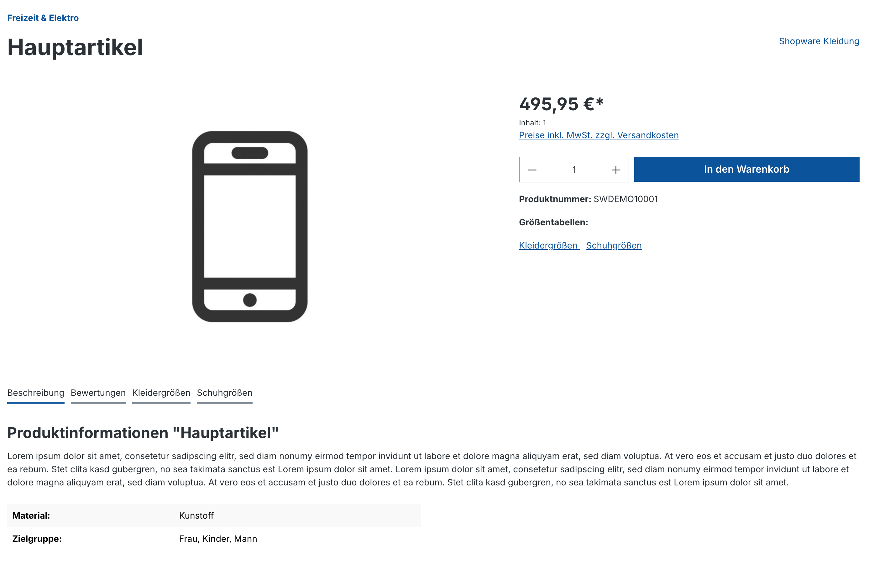 Size tables for the product detail pages